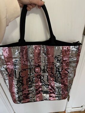 Victoria's Secret Large Pink and Silver Sequin Tote with Black Back